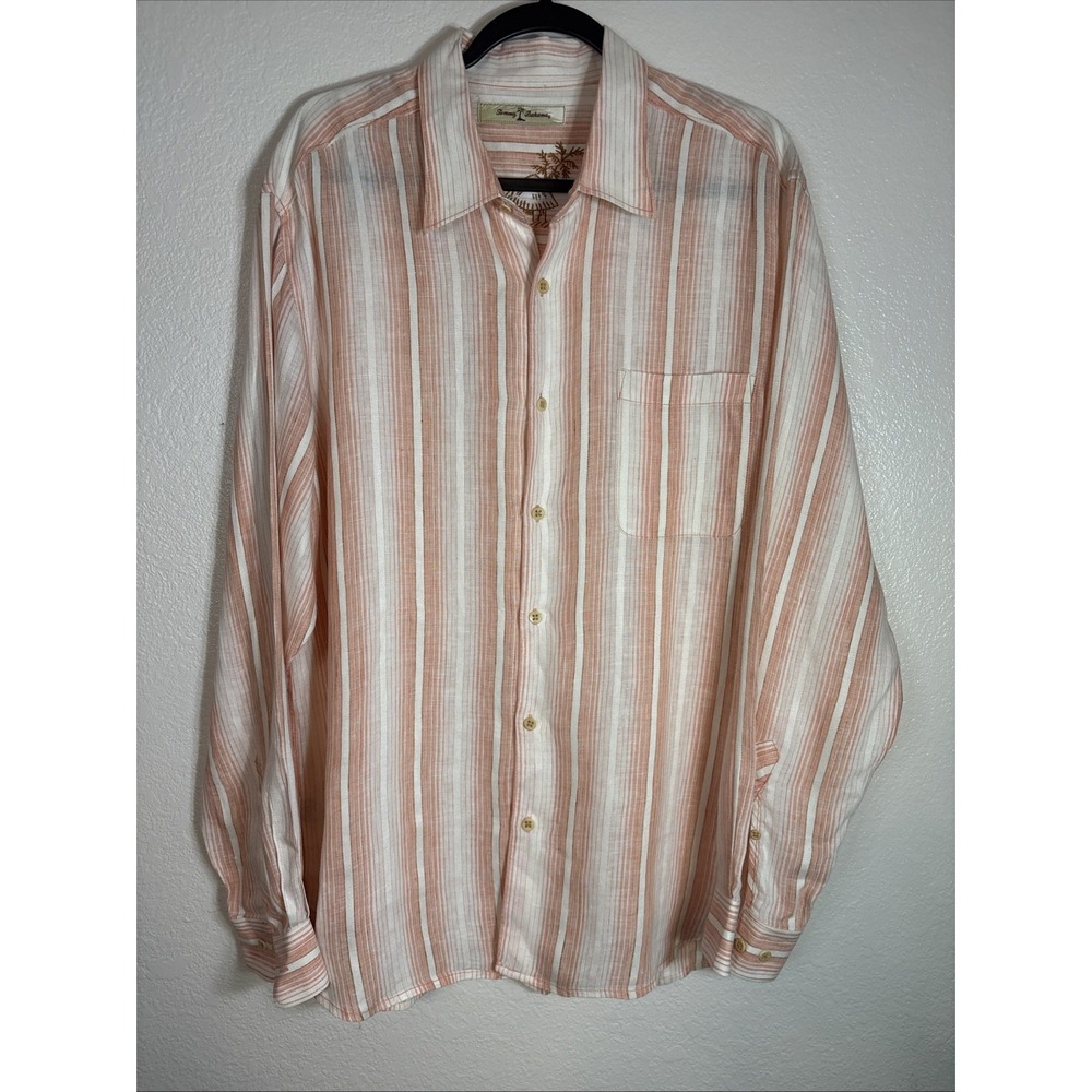 Tommy Bahama Coral Linen Shirt Mens Size Large Button Down Long Sleeve Striped